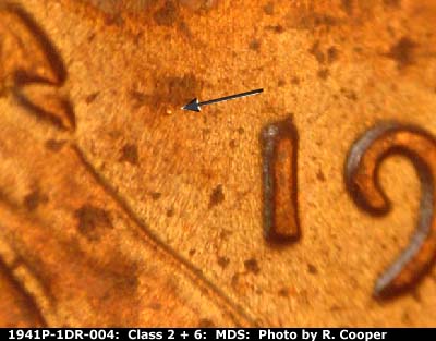 Die-stage B marker on 1941P•1DR•004 (1941 Doubled Die Reverse).
