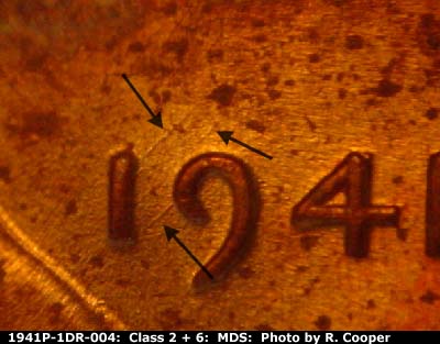 Die-stage B marker on 1941P•1DR•004 (1941 Doubled Die Reverse).