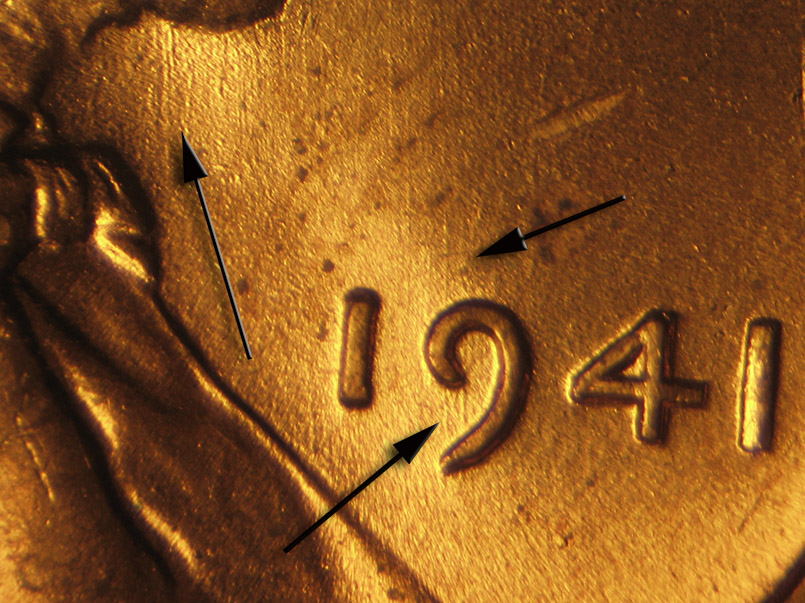 Die-stage B marker on 1941P•1DR•006 (1941 Doubled Die Reverse).