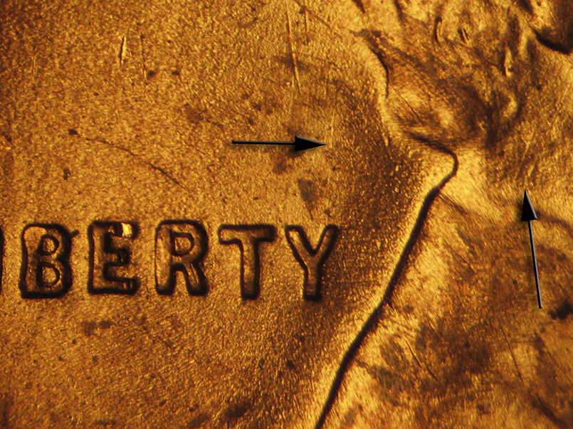 Die-stage B marker on 1941P•1DR•006 (1941 Doubled Die Reverse).