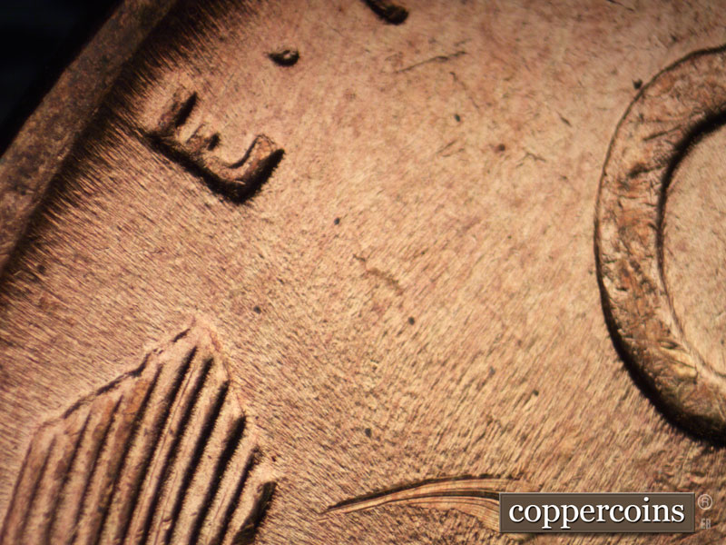 Die-stage B marker on 1941P•1DR•009 (1941 Doubled Die Reverse).