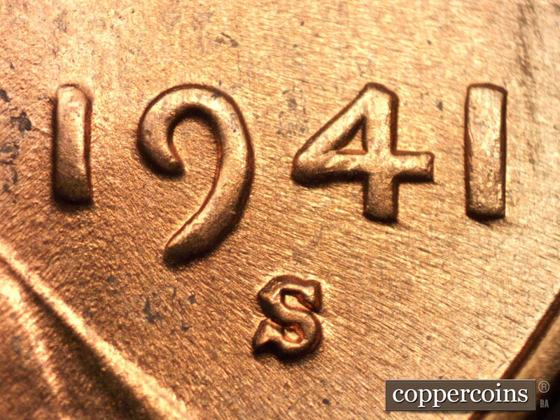 1941 Lincoln cent obverse, CopperCoins die 1941S•1DO•001.