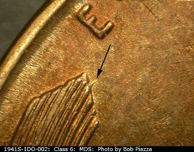 Die-stage B marker on 1941S•1DO•002 (1941 Doubled Die Obverse).
