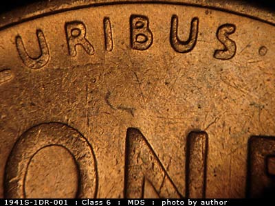 Die-stage B marker on 1941S•1DR•001 (1941 Doubled Die Reverse).