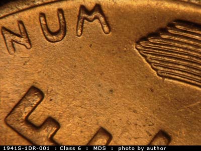 Die-stage B marker on 1941S•1DR•001 (1941 Doubled Die Reverse).