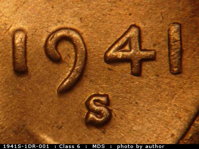 Die-stage B marker on 1941S•1DR•001 (1941 Doubled Die Reverse).