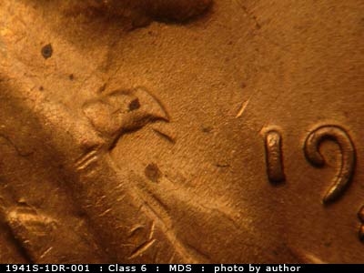 Die-stage B marker on 1941S•1DR•001 (1941 Doubled Die Reverse).