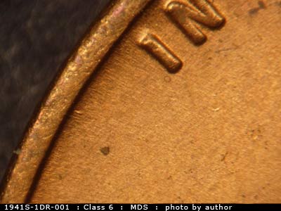 Die-stage B marker on 1941S•1DR•001 (1941 Doubled Die Reverse).