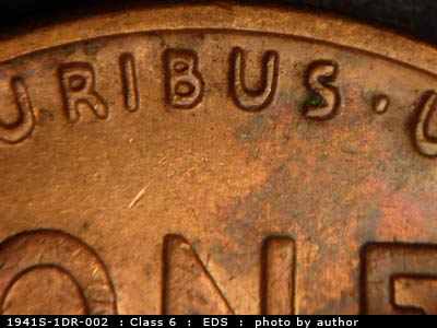 Die-stage A marker on 1941S•1DR•002 (1941 Doubled Die Reverse).