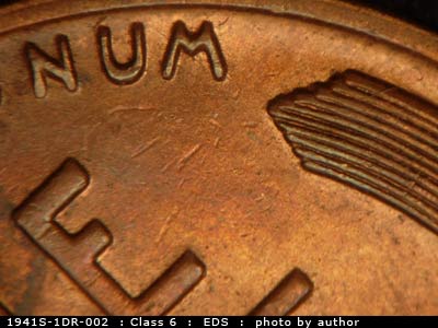 Die-stage A marker on 1941S•1DR•002 (1941 Doubled Die Reverse).