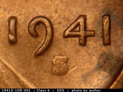 Die-stage A marker on 1941S•1DR•002 (1941 Doubled Die Reverse).