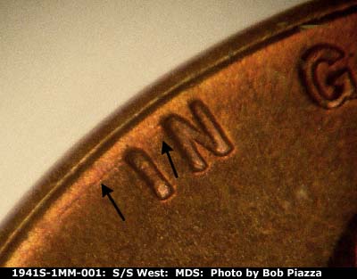 Die-stage B marker on 1941S•1MM•001 (1941 Repunched Mint Mark).