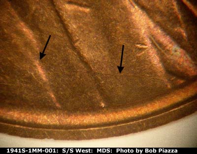 Die-stage B marker on 1941S•1MM•001 (1941 Repunched Mint Mark).