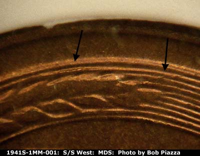 Die-stage B marker on 1941S•1MM•001 (1941 Repunched Mint Mark).