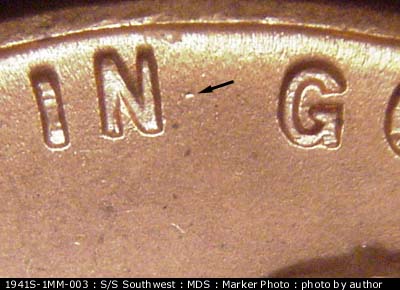 Die-stage B marker on 1941S•1MM•003 (1941 Repunched Mint Mark).