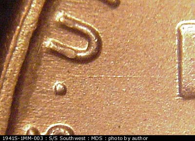 Die-stage B marker on 1941S•1MM•003 (1941 Repunched Mint Mark).