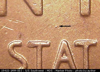 Die-stage B marker on 1941S•1MM•003 (1941 Repunched Mint Mark).