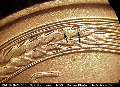 Die-stage B marker on 1941S•1MM•003 (1941 Repunched Mint Mark).