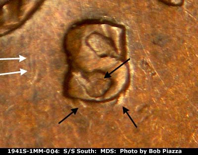 Die-stage B marker on 1941S•1MM•004 (1941 Repunched Mint Mark).