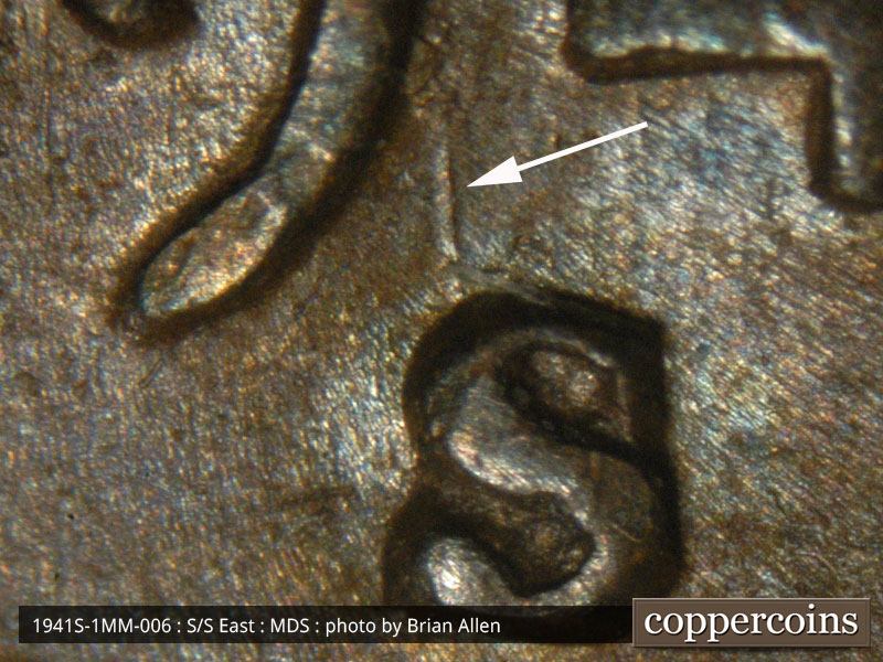 Die-stage B marker on 1941S•1MM•006 (1941 Repunched Mint Mark).