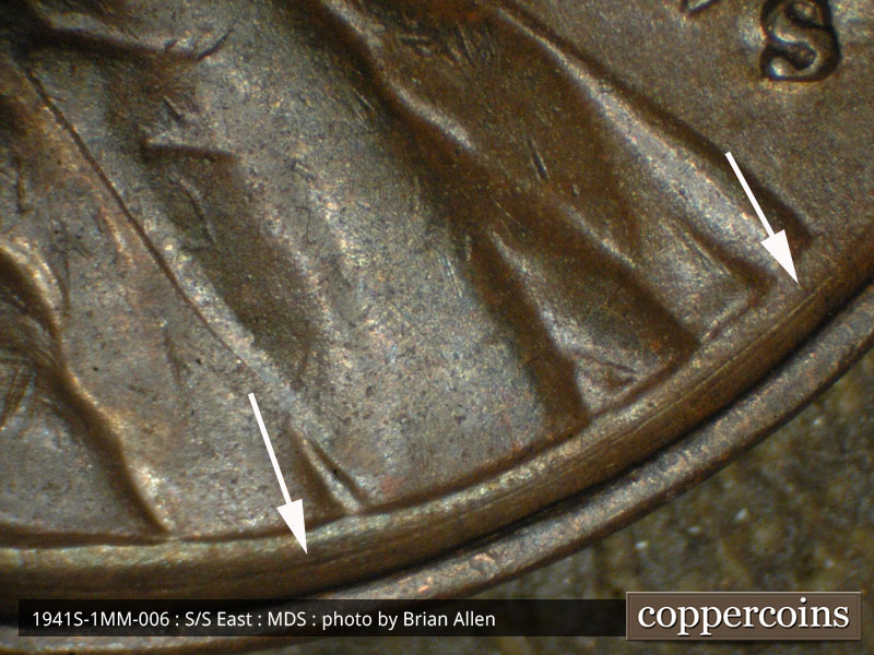 Die-stage B marker on 1941S•1MM•006 (1941 Repunched Mint Mark).