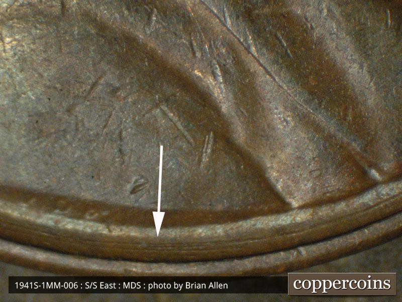 Die-stage B marker on 1941S•1MM•006 (1941 Repunched Mint Mark).
