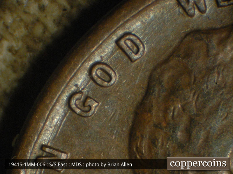 Die-stage B marker on 1941S•1MM•006 (1941 Repunched Mint Mark).
