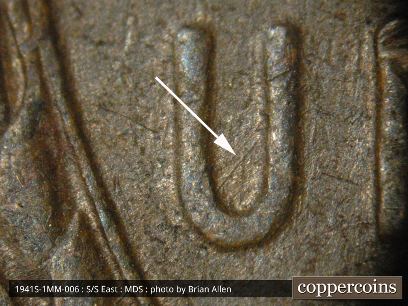 Die-stage B marker on 1941S•1MM•006 (1941 Repunched Mint Mark).