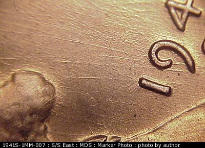 Die-stage B marker on 1941S•1MM•007 (1941 Repunched Mint Mark).