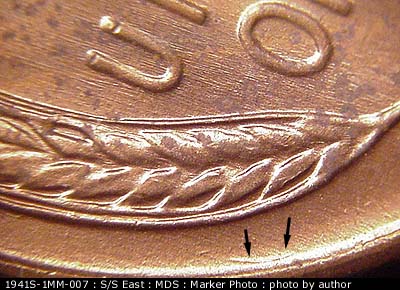 Die-stage B marker on 1941S•1MM•007 (1941 Repunched Mint Mark).