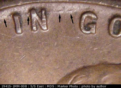 Die-stage B marker on 1941S•1MM•008 (1941 Repunched Mint Mark).