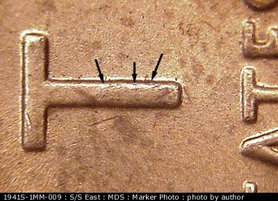 Die-stage B marker on 1941S•1MM•009 (1941 Repunched Mint Mark).