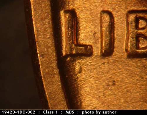 Die-stage B marker on 1942D•1DO•002 (1942 Doubled Die Obverse).
