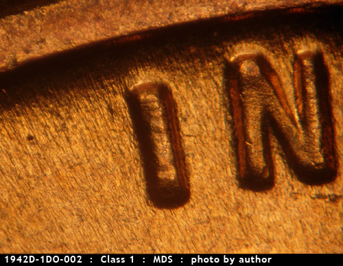 Die-stage B marker on 1942D•1DO•002 (1942 Doubled Die Obverse).