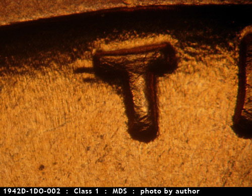 Die-stage B marker on 1942D•1DO•002 (1942 Doubled Die Obverse).