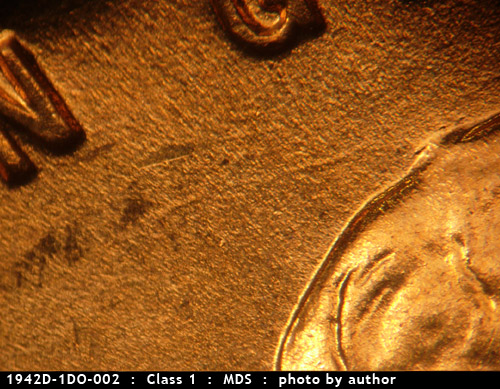 Die-stage B marker on 1942D•1DO•002 (1942 Doubled Die Obverse).