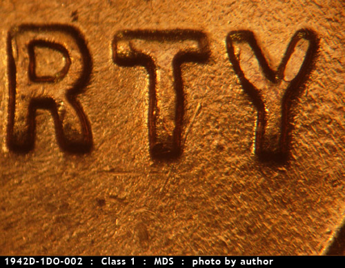 Die-stage B marker on 1942D•1DO•002 (1942 Doubled Die Obverse).