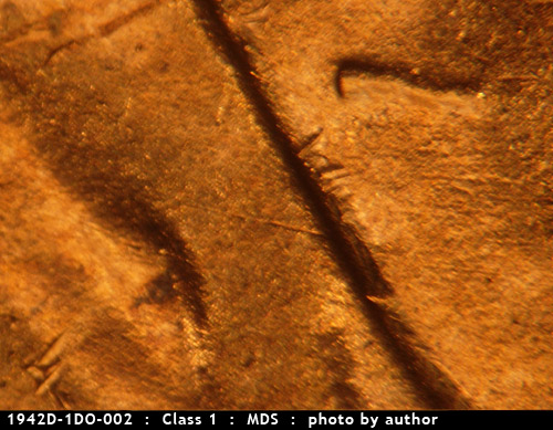 Die-stage B marker on 1942D•1DO•002 (1942 Doubled Die Obverse).