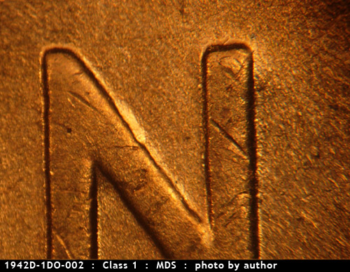 Die-stage B marker on 1942D•1DO•002 (1942 Doubled Die Obverse).