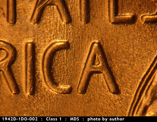 Die-stage B marker on 1942D•1DO•002 (1942 Doubled Die Obverse).