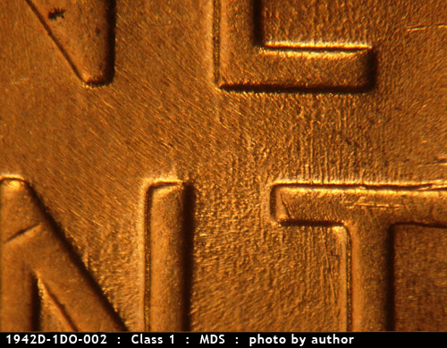 Die-stage B marker on 1942D•1DO•002 (1942 Doubled Die Obverse).