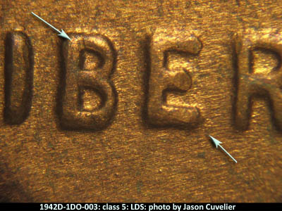 Die-stage C marker on 1942D•1DO•003 (1942 Doubled Die Obverse).