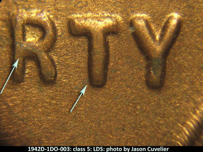 Die-stage C marker on 1942D•1DO•003 (1942 Doubled Die Obverse).