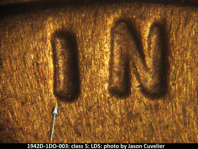 Die-stage C marker on 1942D•1DO•003 (1942 Doubled Die Obverse).