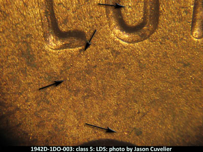 Die-stage C marker on 1942D•1DO•003 (1942 Doubled Die Obverse).