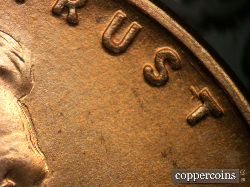 Die-stage A marker on 1942D•1DO•005 (1942 Doubled Die Obverse).