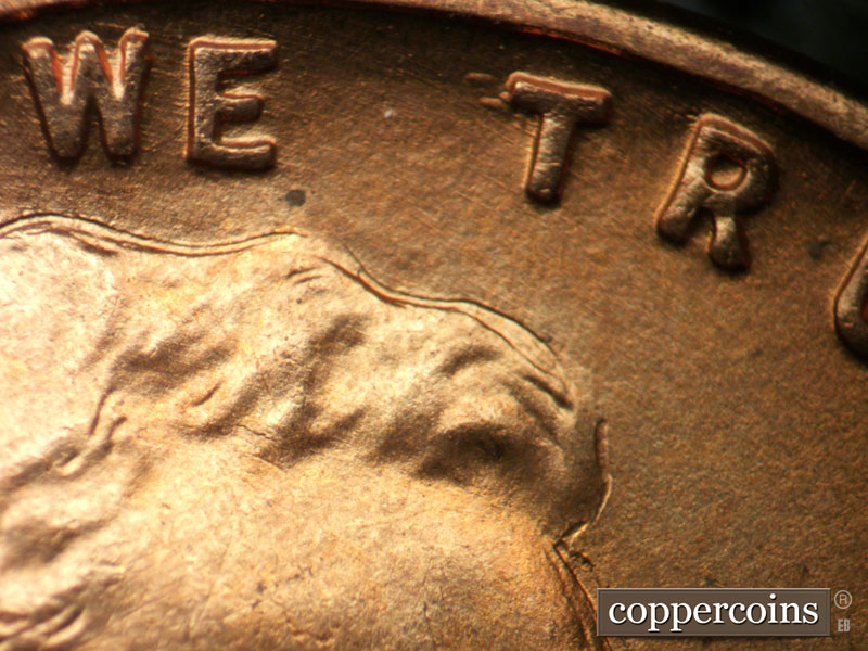 Die-stage A marker on 1942D•1DO•005 (1942 Doubled Die Obverse).