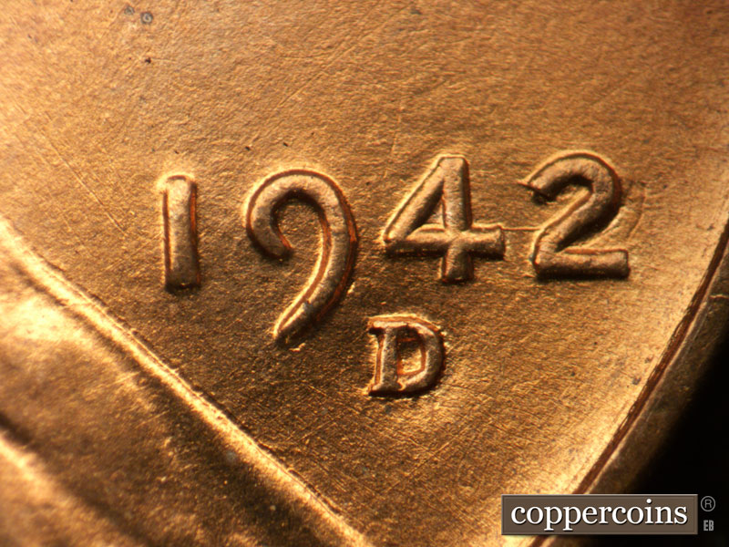 Die-stage A marker on 1942D•1DO•005 (1942 Doubled Die Obverse).