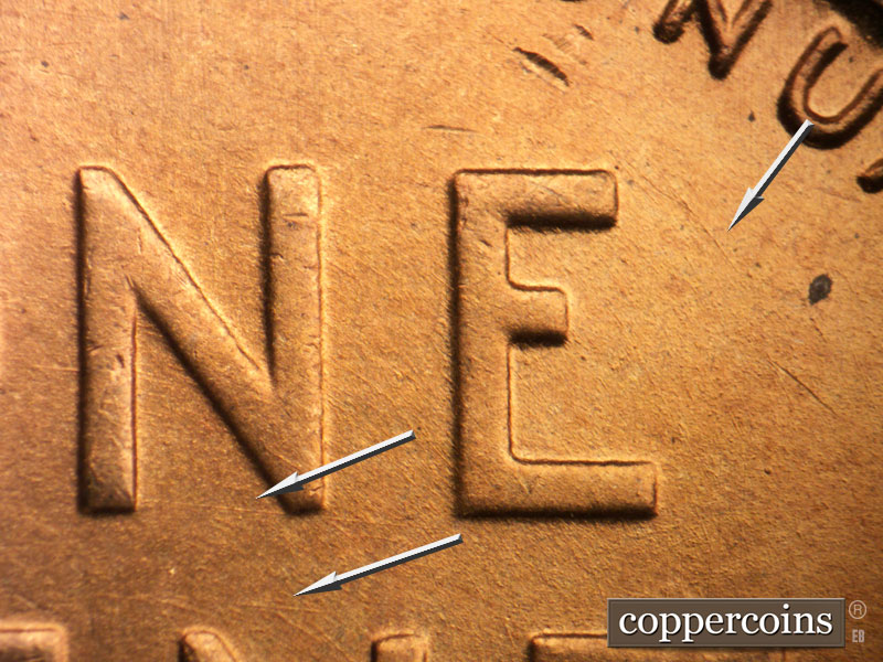Die-stage A marker on 1942D•1DO•005 (1942 Doubled Die Obverse).