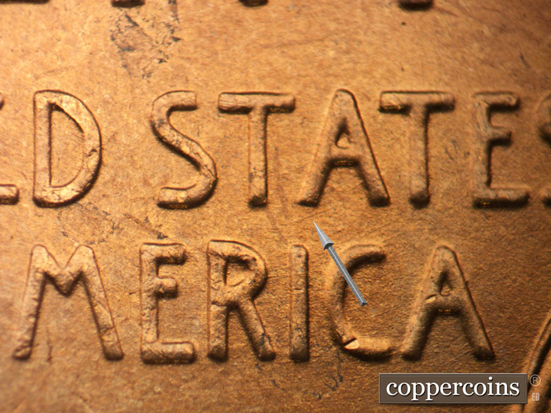 Die-stage A marker on 1942D•1DO•005 (1942 Doubled Die Obverse).